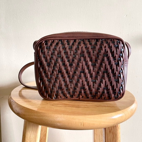 Handbags - Dark Brown & Black Faux Leather Basketweave Woven Crossbody Bag